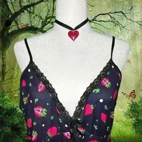 Boho Lati Fashion Strawberry Print Navy Blue Two Piece Slip Dress & Robe - Picture 2 of 11